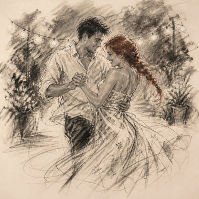 an original couple dancing under string lights in a garden at dusk: a man with short black hair in a linen shirt and a woman with braided red hair in a summer dress