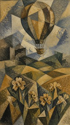 a hot air balloon drifting over rolling flower fields on a sunny day, cheerful, no text