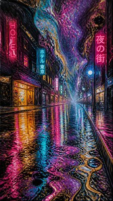 a quiet rainy city street at night reflecting neon signs, no people