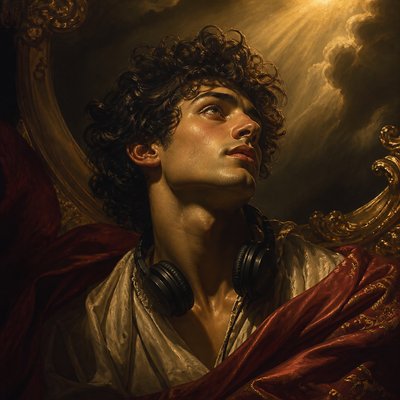 head-and-shoulders portrait of an original character: a young man with curly dark hair and headphones around his neck, plain backdrop, no text