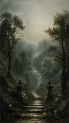 a mysterious forest path with fireflies and drifting mist, atmospheric vertical composition with open space at the top, no text