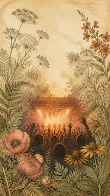 a live music scene with a glowing stage and silhouetted crowd, energetic vertical composition with open space at the top, no text