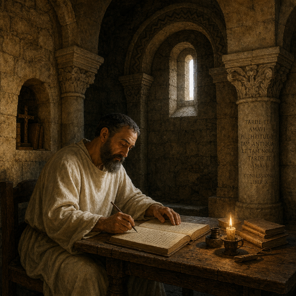 Augustine of Hippo in plain white robe writing his Confessions autobiography