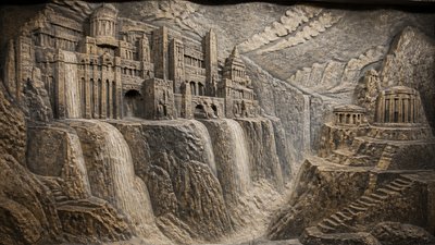 a cliffside city with waterfalls cascading into a misty canyon, wide establishing shot, no people, no text