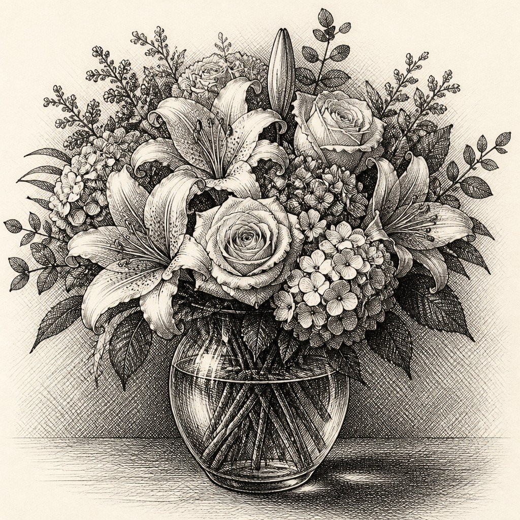 bouquet of flowers in a glass vase — Cross-Hatching Drawing Style