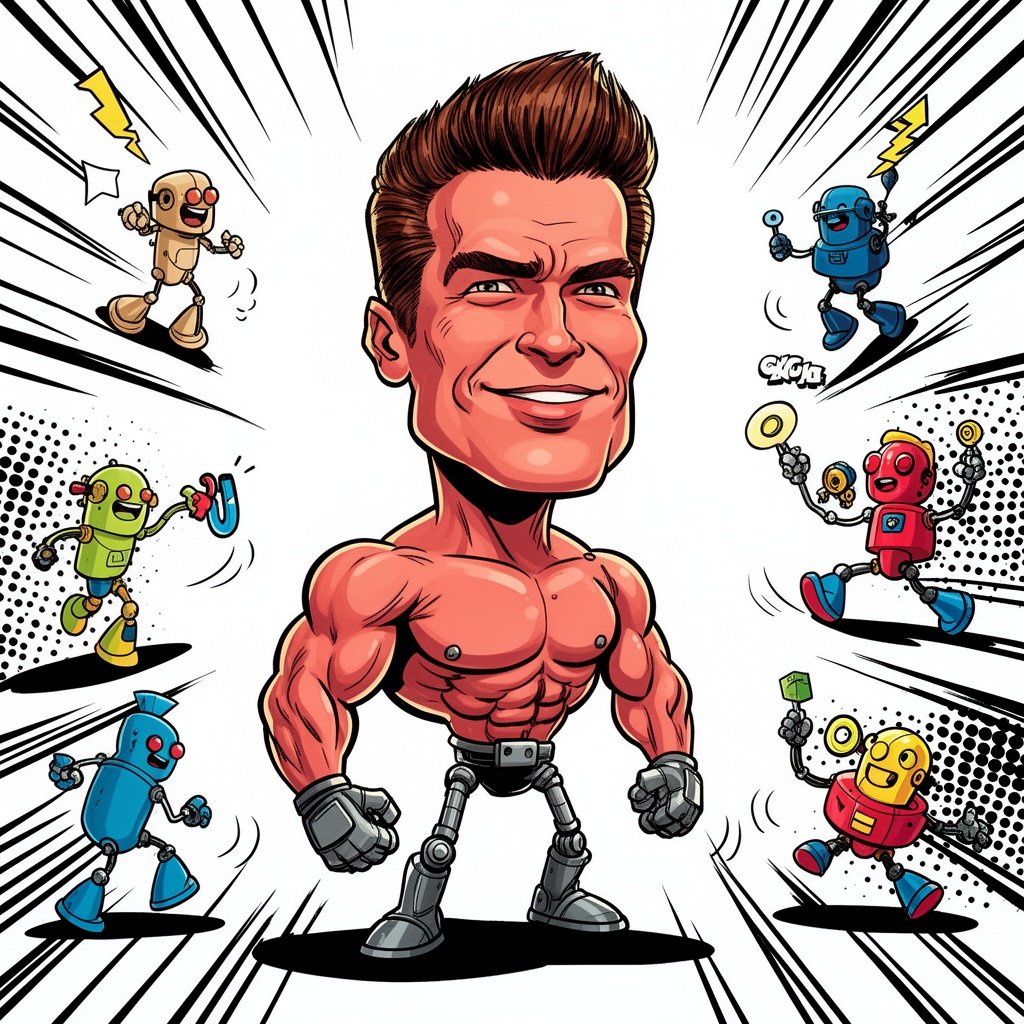 Arnold Schwarzenegger, extreme caricature, enormously tall crew cut hair, massive muscles, tiny lower body, exaggerated robotic expression, big head on tiny body, thick crisp black outlines, vibrant saturated colors, clean comic illustration style