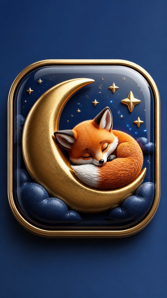 a sleeping baby fox curled on a crescent moon among soft stars, gentle and warm, no text
