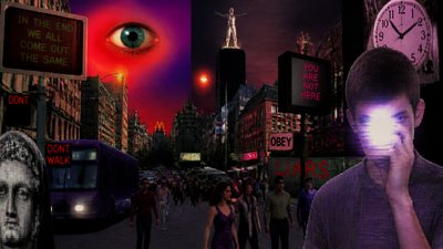 bustling city street panorama at dusk
