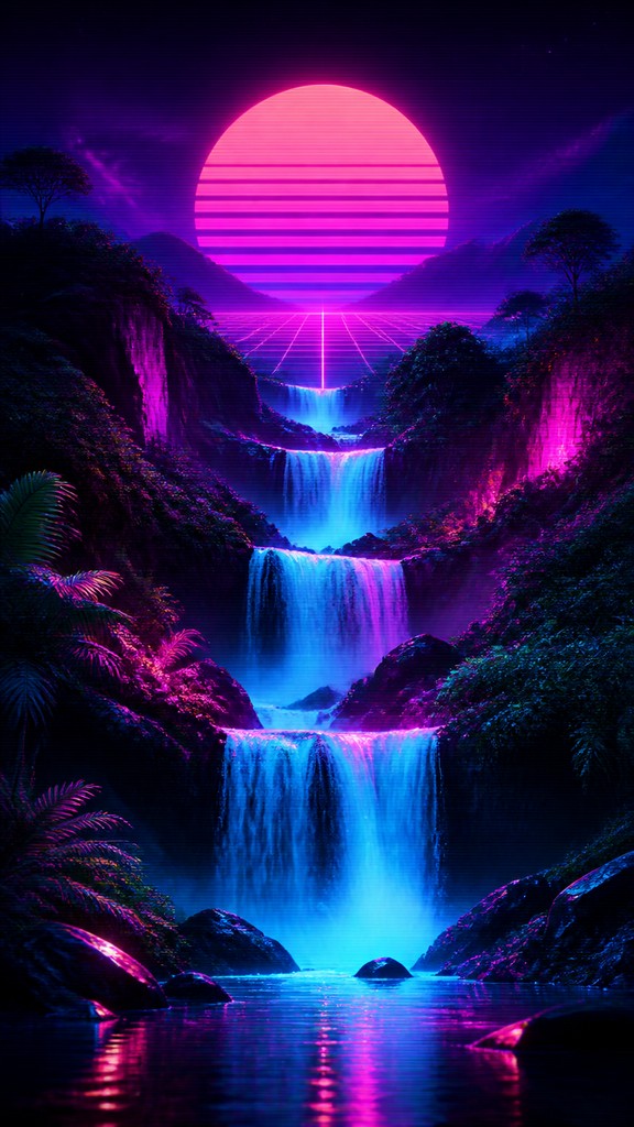 a cascading waterfall in a lush green gorge, no people