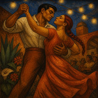an original couple dancing under string lights in a garden at dusk: a man with short black hair in a linen shirt and a woman with braided red hair in a summer dress