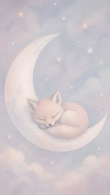 a sleeping baby fox curled on a crescent moon among soft stars, gentle and warm, no text