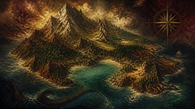 a map of an island realm with mountains, forests, a sheltered bay, sea monsters in the water and a compass rose, no text labels