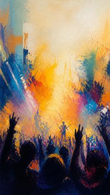 a live music scene with a glowing stage and silhouetted crowd, energetic vertical composition with open space at the top, no text