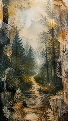 a mysterious forest path with fireflies and drifting mist, atmospheric vertical composition with open space at the top, no text