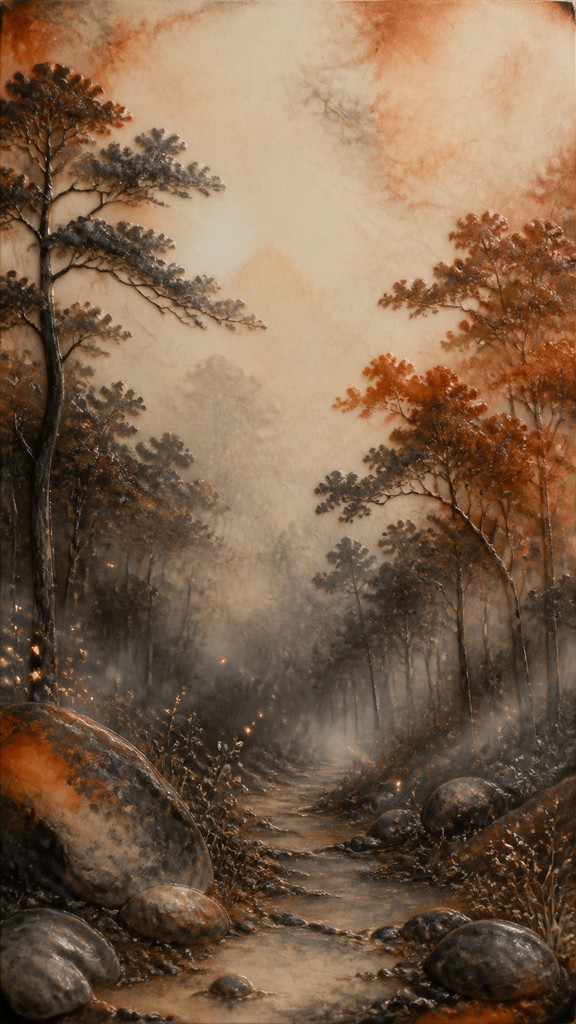 a mysterious forest path with fireflies and drifting mist, atmospheric vertical composition with open space at the top, no text