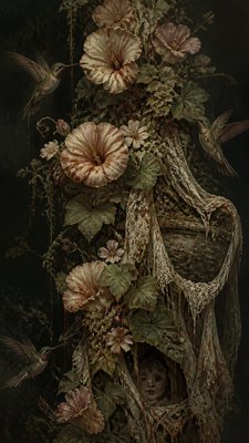 a climbing vine of flowers and hummingbirds on a dark background, tall wrapping composition, no text