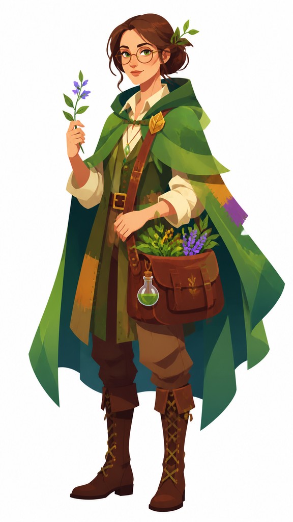 full-body original character: a wandering botanist with a satchel of plants, a patched green cloak, tall boots and round glasses, neutral background