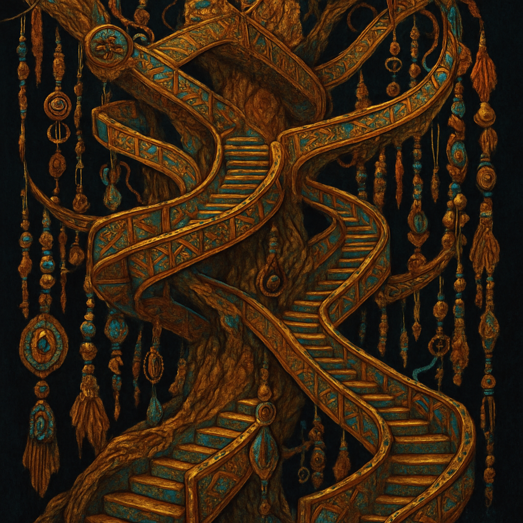 in the style of M.C. Escher, an array of endless staircases of impossible loops and bi-directional pathways, spiraling through a giant tree, Cinematic vibrant reflective jewel-toned colors, black background