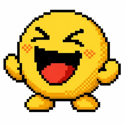 an exaggerated laughing face of an original round mascot character, bold and readable at small size, plain background, no text