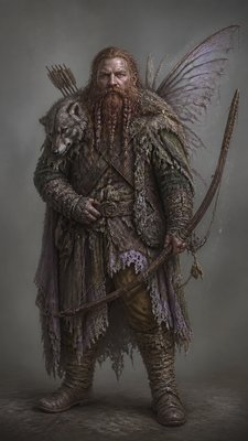 full-body original character: a dwarven ranger with a braided auburn beard, worn leather armor, a longbow and a wolf-pelt cloak, neutral background, no text