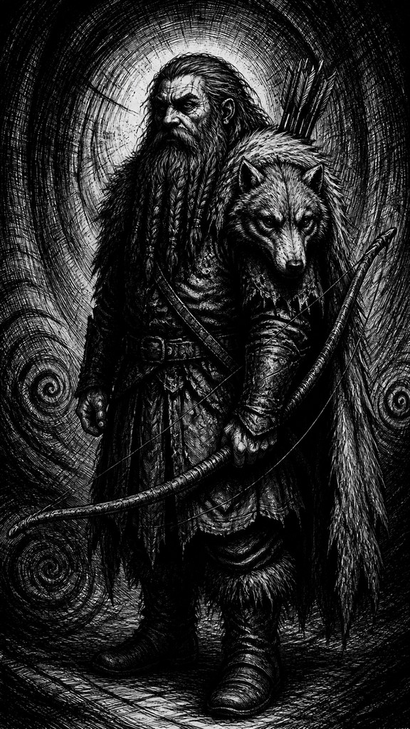 full-body original character: a dwarven ranger with a braided auburn beard, worn leather armor, a longbow and a wolf-pelt cloak, neutral background, no text