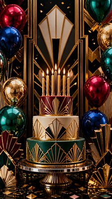 a birthday cake with lit candles surrounded by balloons and confetti, festive vertical composition, no text