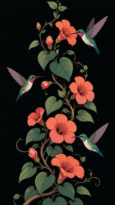 a climbing vine of flowers and hummingbirds on a dark background, tall wrapping composition, no text