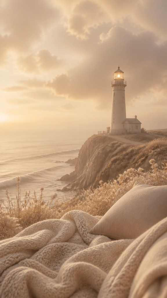 a lone lighthouse on a cliff at dusk under a dramatic sky, no text or lettering