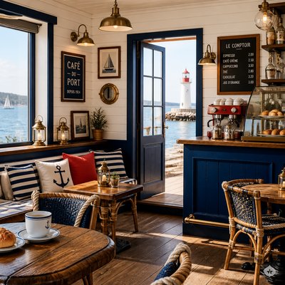 cozy cafe interior with warm lighting