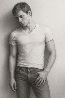 a pencil drawing of a man leaning against a wall