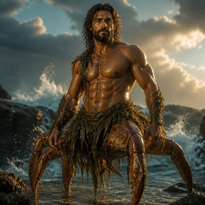 Fais moi un dieu roue et fort avec une barbe il a des pieds en crabe genre a moitié humain a moitié crabe, il est habillé sans tee shirt sans bijoux juste en dirait un dieu des mers il a des habille en algues 