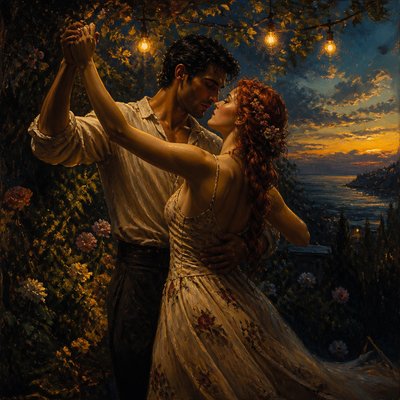 an original couple dancing under string lights in a garden at dusk: a man with short black hair in a linen shirt and a woman with braided red hair in a summer dress