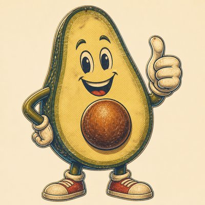 a happy avocado character giving a thumbs up, bold readable design on a plain background, no text