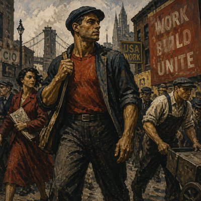 urban street with city activity — Social Realism Art Style