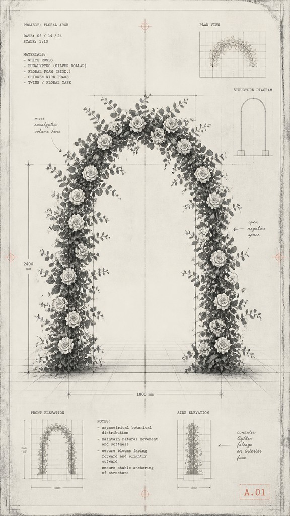 an arch of white roses and eucalyptus in soft morning light, elegant vertical composition with open space, no text