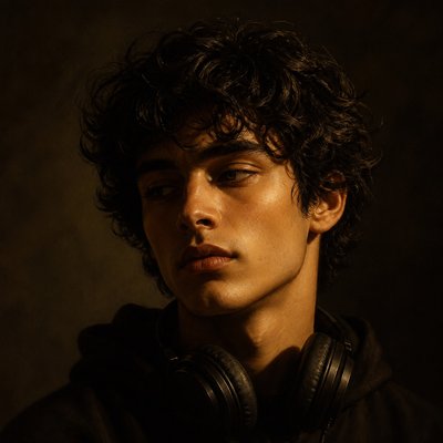 head-and-shoulders portrait of an original character: a young man with curly dark hair and headphones around his neck, plain backdrop, no text