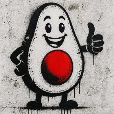 a happy avocado character giving a thumbs up, bold readable design on a plain background, no text