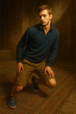 a painting of a man kneeling on a rug