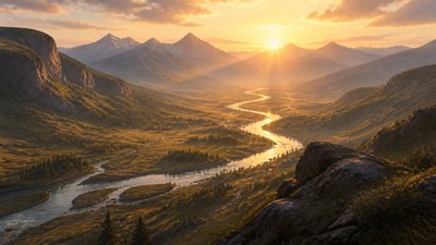 a vast valley with a river winding toward distant mountains at sunrise, no people, no text