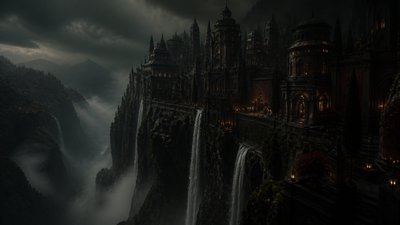 a cliffside city with waterfalls cascading into a misty canyon, wide establishing shot, no people, no text