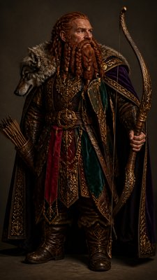 full-body original character: a dwarven ranger with a braided auburn beard, worn leather armor, a longbow and a wolf-pelt cloak, neutral background, no text