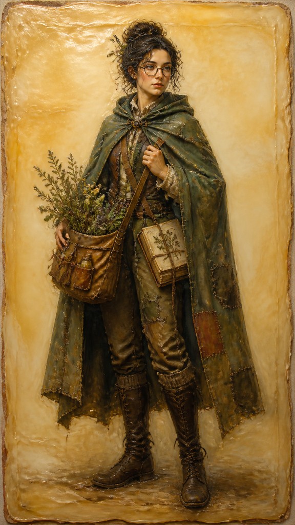full-body original character: a wandering botanist with a satchel of plants, a patched green cloak, tall boots and round glasses, neutral background