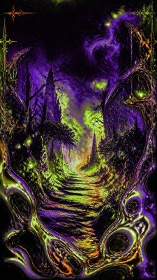 a mysterious forest path with fireflies and drifting mist, atmospheric vertical composition with open space at the top, no text