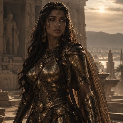 Je veux que tu me fasses une hyper realiste guerriere, tres modern avec une armure moderne genre full or foncé or sombre et voile en soie transparent marron mais juste un peu si besoin mais elle une armure, le voile c’est juste histoire de rajouter du tissu et des cheveux longs ondulés noir et elle a des yeux dore brillant, on dirait presque une deesse de l’egypte antiquz ancien avec l’ethnie arab, un corp realiste et un visage realiste ne me fait pas un truc idéalise