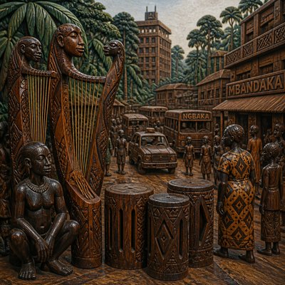 urban street with city activity — Central African Art Style