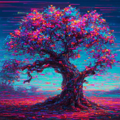 a painting of a tree with many colors