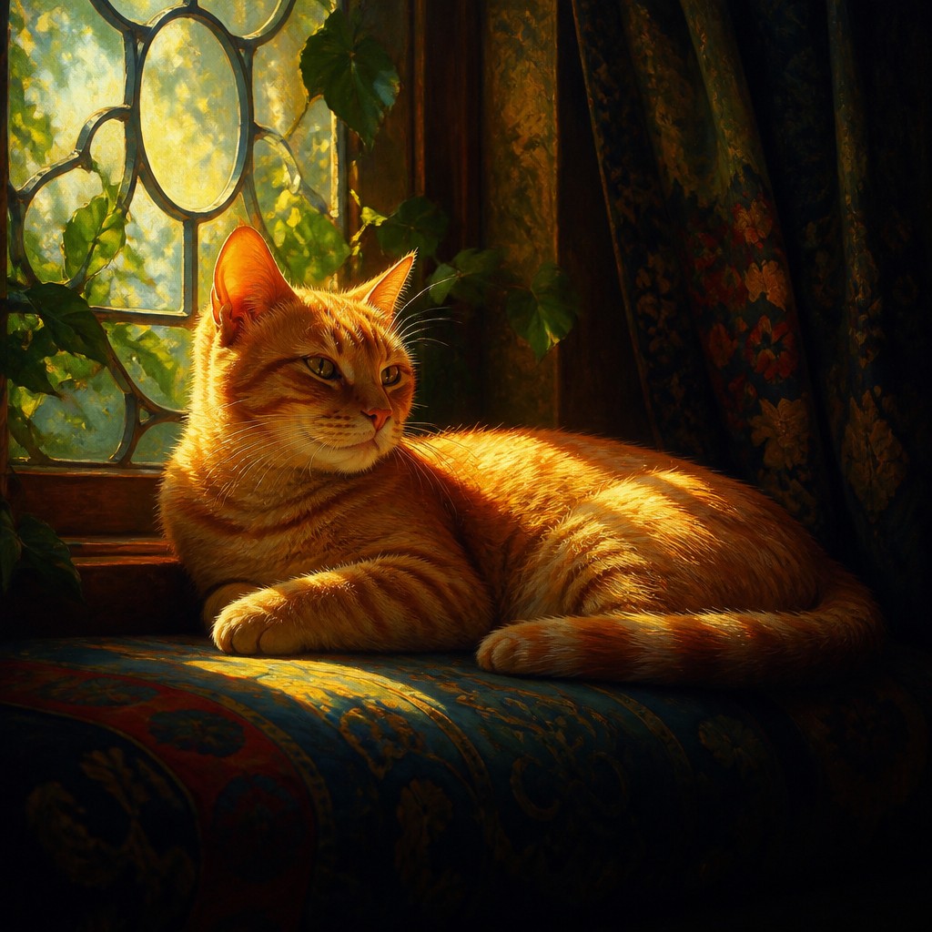 a cat lounging in a sunlit window — Oil Glazing Painting Style