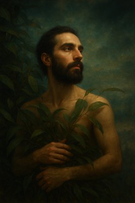 a painting of a man with a beard holding a plant