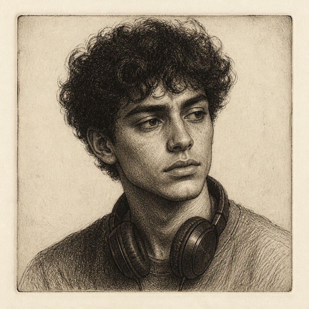 head-and-shoulders portrait of an original character: a young man with curly dark hair and headphones around his neck, plain backdrop, no text