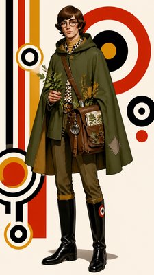full-body original character: a wandering botanist with a satchel of plants, a patched green cloak, tall boots and round glasses, neutral background